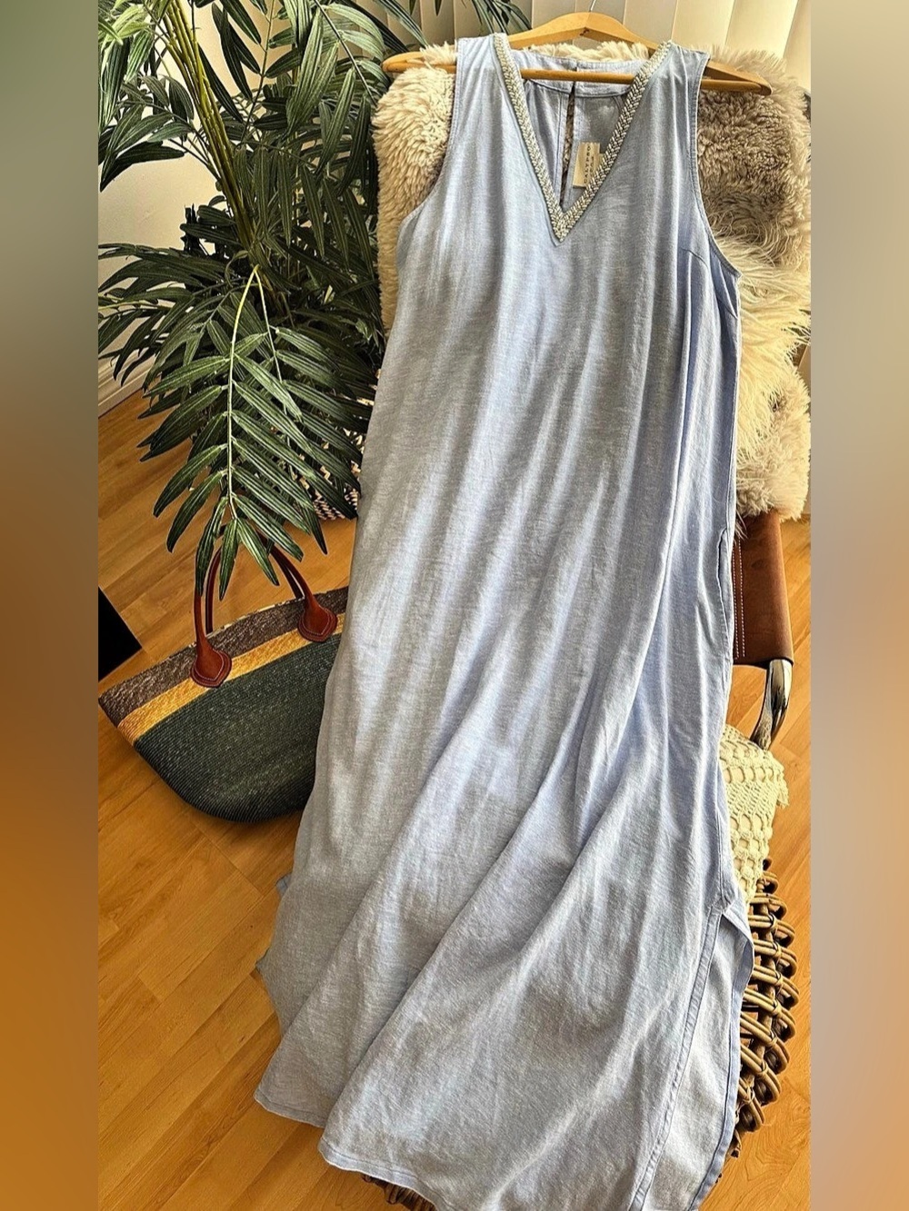 CALYPSO St. Barth Beaded Linen-Blend Maxi Dress in Blue Size Large Like New